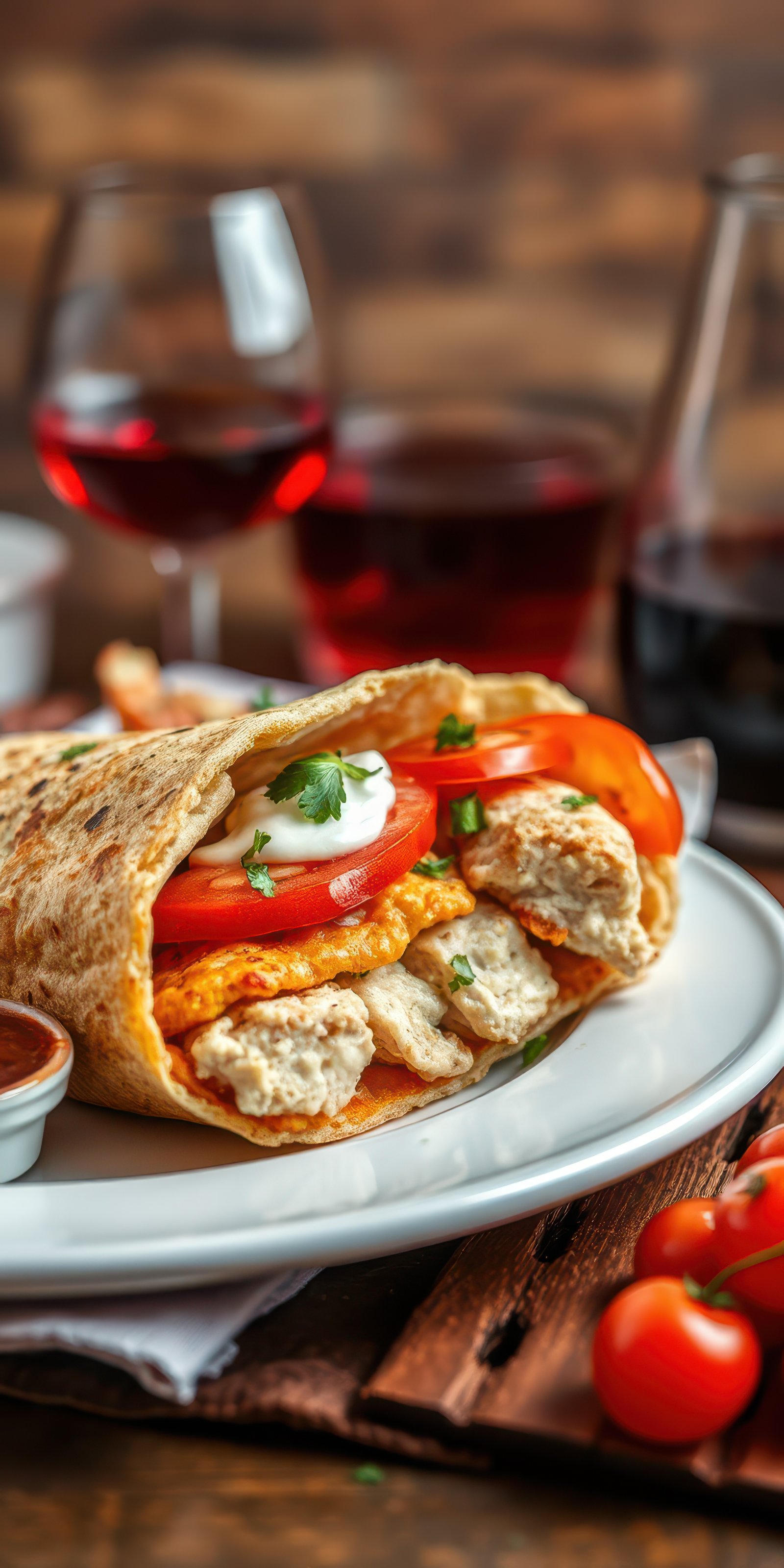 Delicious wrap filled with grilled chicken, fresh vegetables, and creamy sauce served with wine in a cozy restaurant setting
